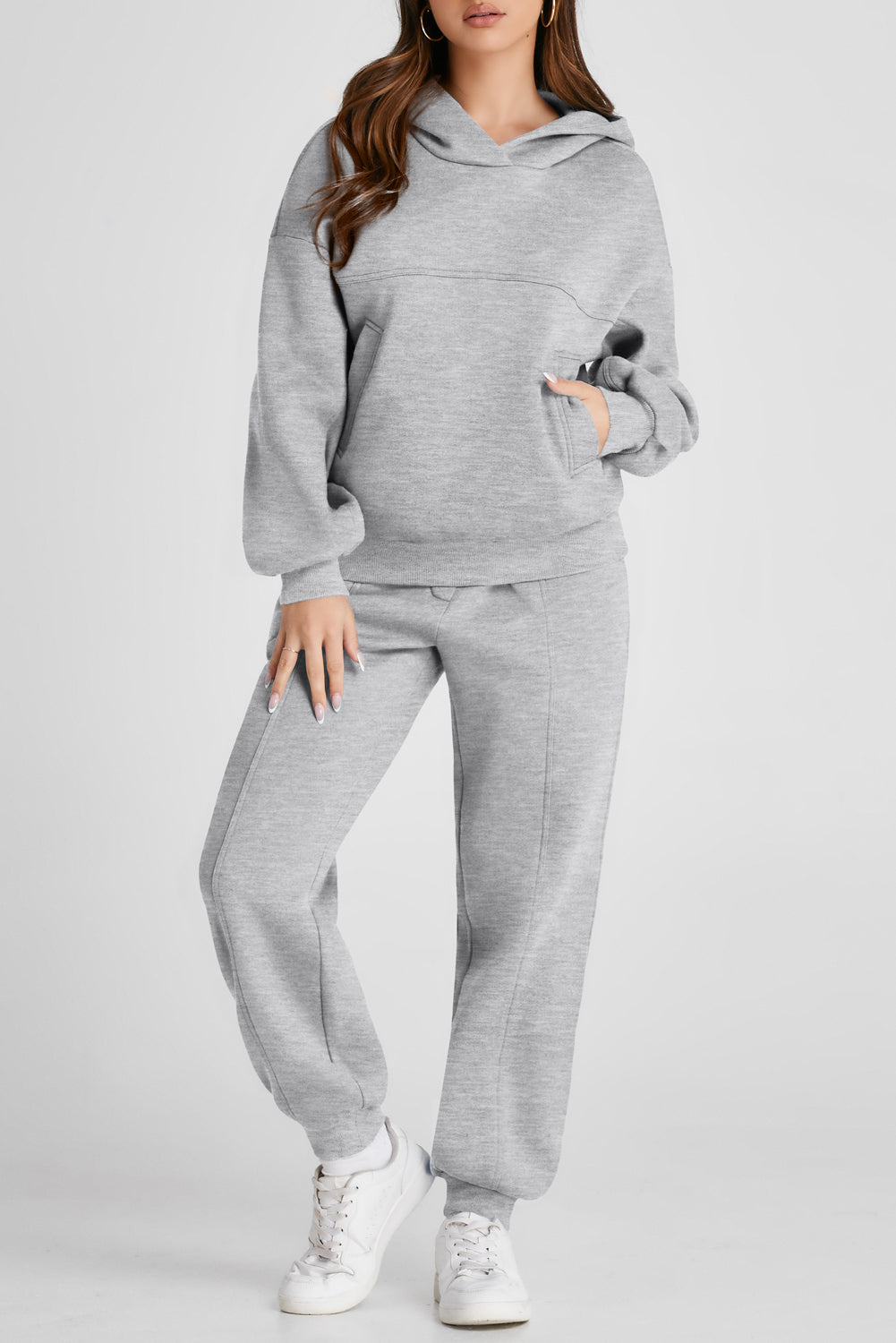 Dropped Shoulder Long Sleeve Hoodie and Pants Active Set Gray Outfit Sets