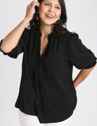 Umgee Full Size Split Neck Boxy Cut Top with Piping Details Tops