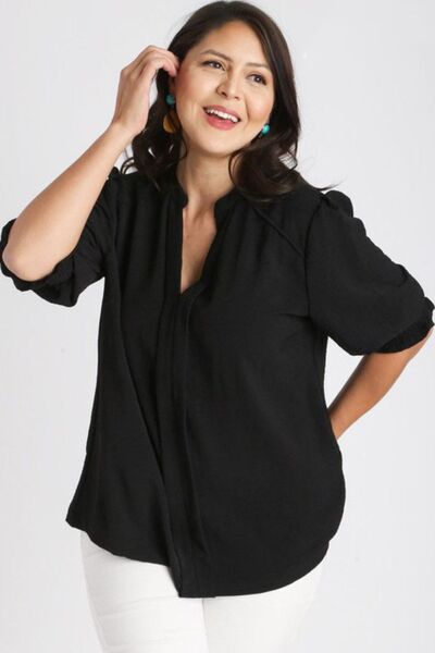 Umgee Full Size Split Neck Boxy Cut Top with Piping Details Tops