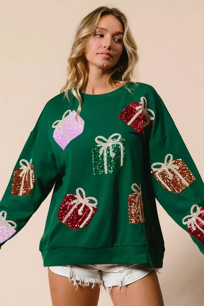 BiBi Sequin Christmas Gift Box Embroideries Pullover - DAVERRI FASHIONS