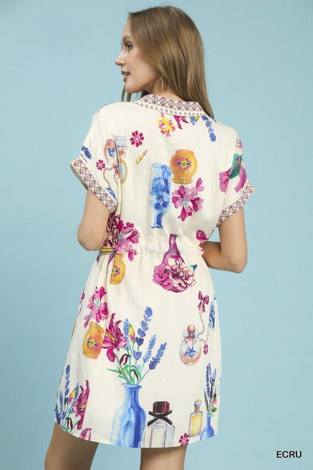 Umgee floral print mini dress with belt in cream, pink blue purple motifs