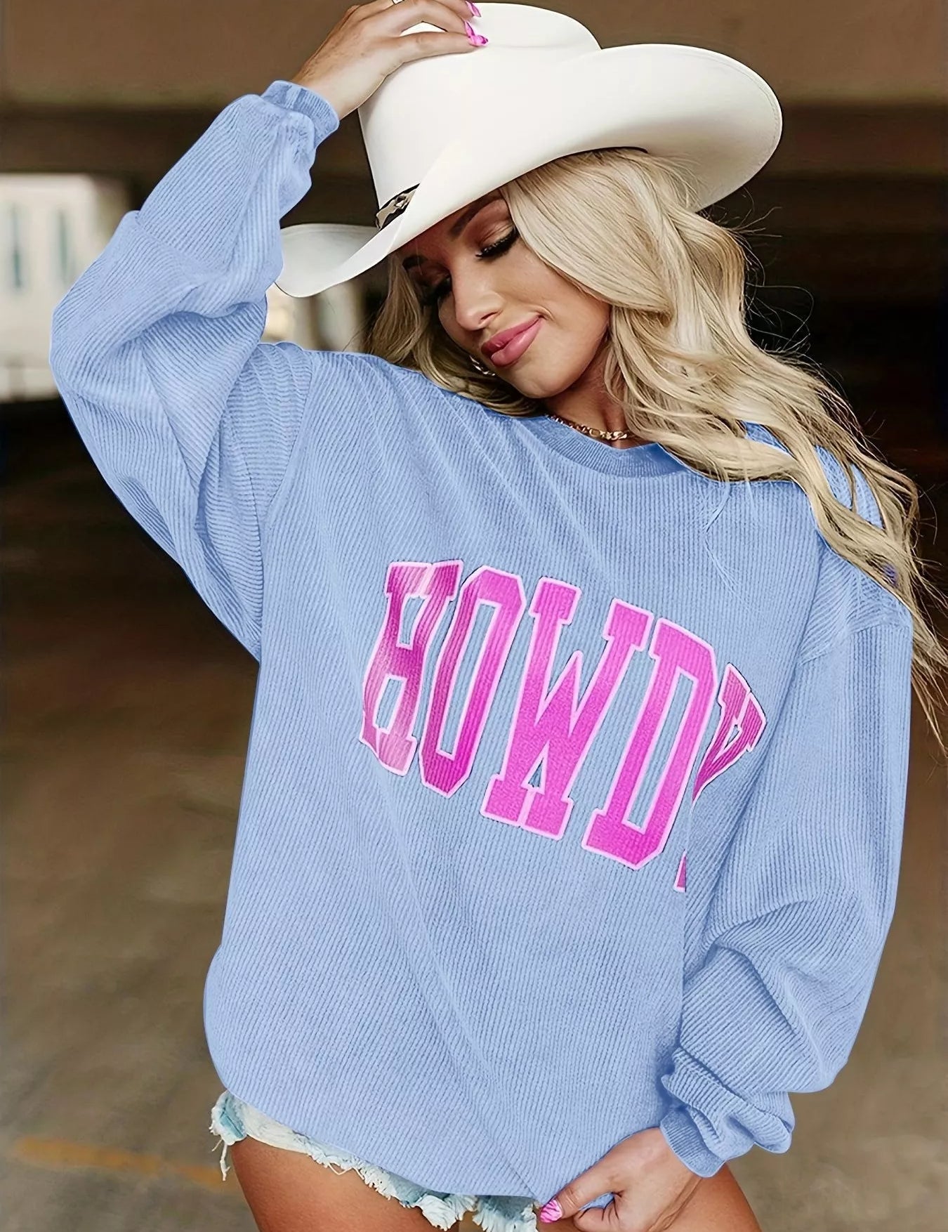 Sky Blue Full Size Howdy Round Neck Oversized Sweatshirt Plus Size | Sweatshirts Daverri Fashions