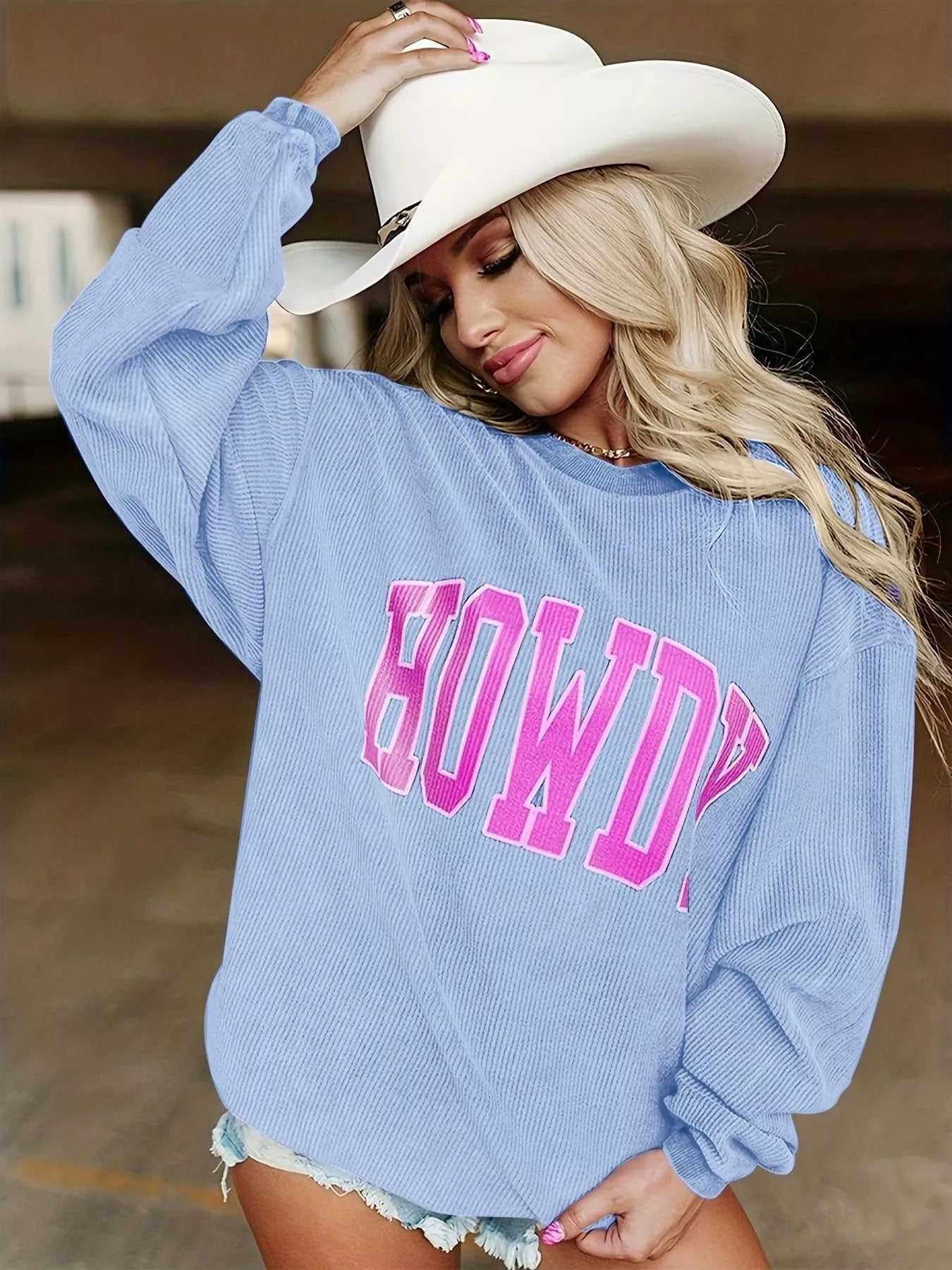 Sky Blue Full Size Howdy Round Neck Oversized Sweatshirt Plus Size | Sweatshirts Daverri Fashions