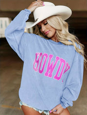 Sky Blue Full Size Howdy Round Neck Oversized Sweatshirt Plus Size | Sweatshirts Daverri Fashions
