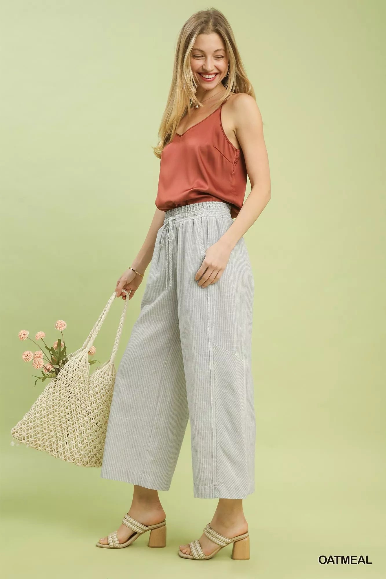 Umgee linen blend light blue and white striped wide-leg pants