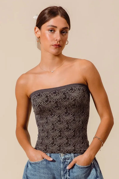 SO ME Jacquard Floral Two Tone Seamless Tube Top - DAVERRI FASHIONS
