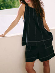 Casual Contrast Stitch Denim Tank Top and Shorts Set | Outfit Sets Daverri Fashions