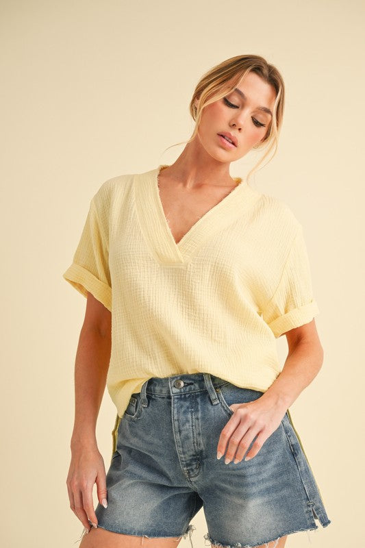 Aemi + Co Side Slit V-Neck Short Sleeve Blouse Light Yellow Blouses