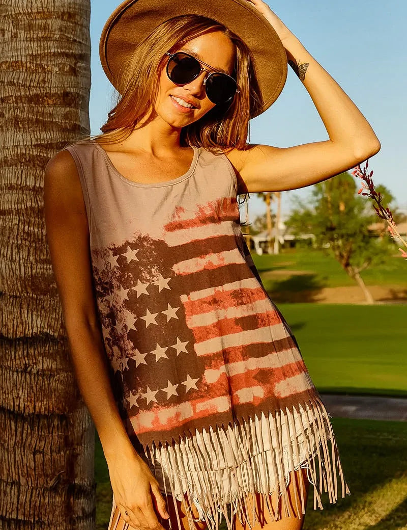 TERRACOTTA BiBi American Flag Print Knit Sleeveless Top | Tank Tops Daverri Fashions