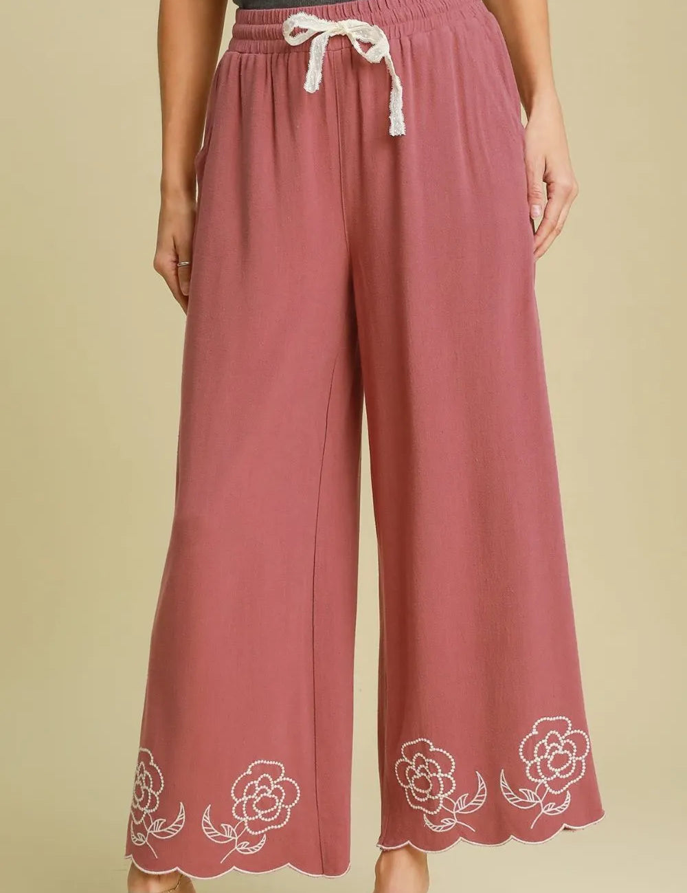 Dusty Pink 1XL Umgee Dusty Pink Linen Blend Wide Leg Pants with Scalloped Hemline | Pants Daverri Fashions