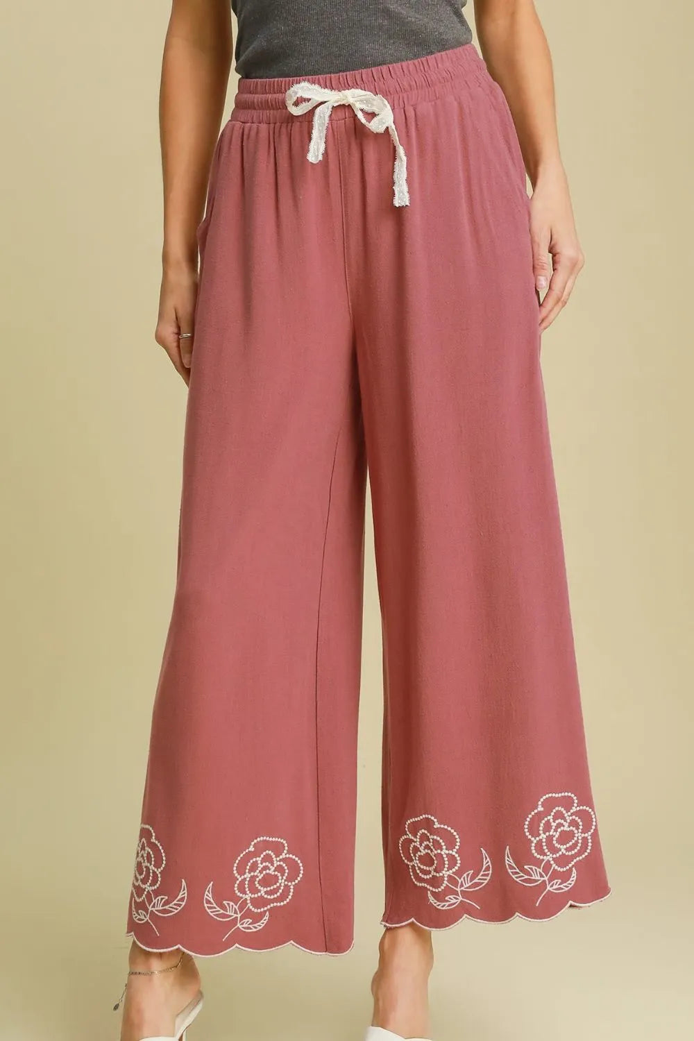 Umgee Dusty Pink Linen Blend Wide Leg Pants with Scalloped Hemline Dusty Pink 1XL Pants