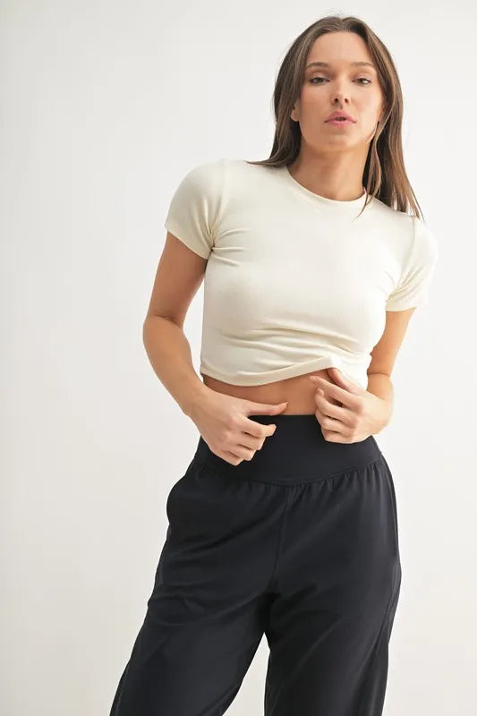 MONO B Essential Micro-ribbed Cropped Athleisure Tee NATURAL