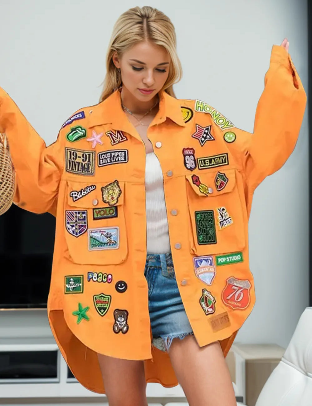 Terracotta Embroidered Patch Button Up Long Sleeve Denim Jacket | Denim Jackets Daverri Fashions