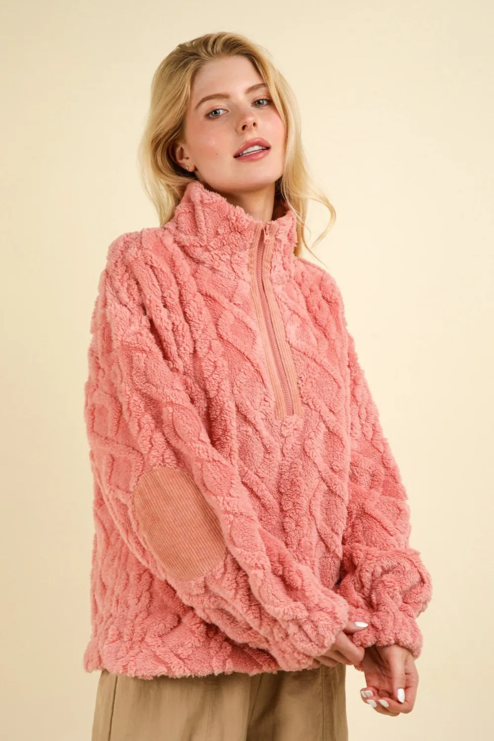 VERY J Fuzzy Fleece Half Zip Cable Pattern Sweatshirt Sweatshirts