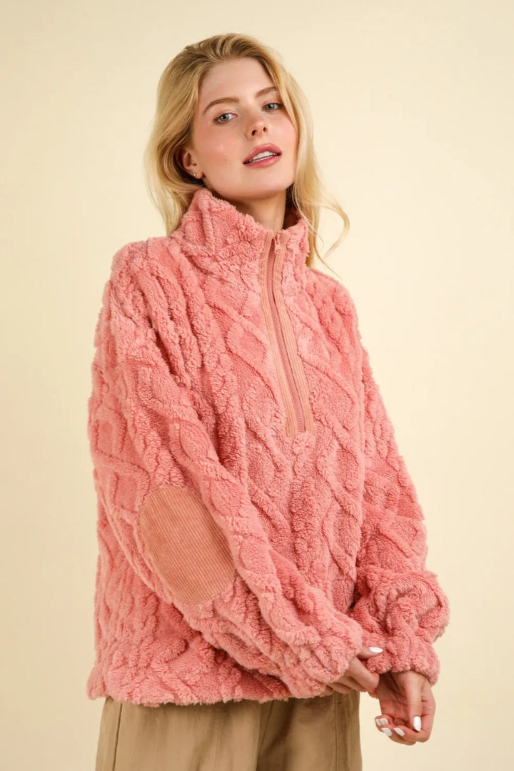 VERY J Fuzzy Fleece Half Zip Cable Pattern Sweatshirt Sweatshirts