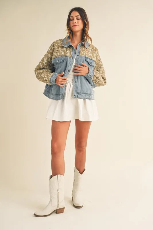 MABLE Quilted Paisley Print Contrast Denim Jacket