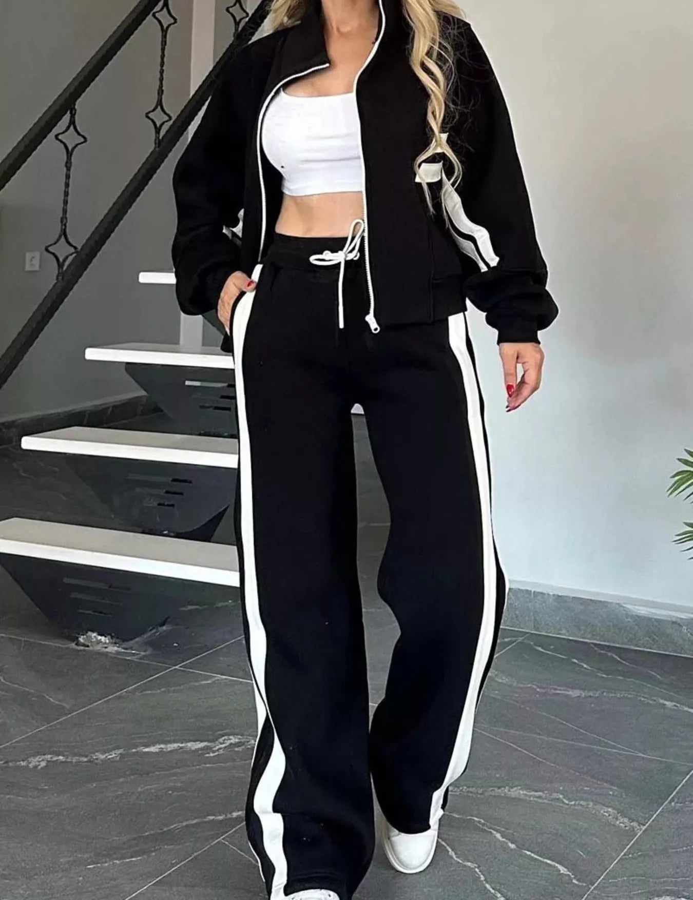 Black Full Size Contrast Stripe Zip Up Jacket and Pants Set Plus Size | Loungewear Sets Daverri Fashions