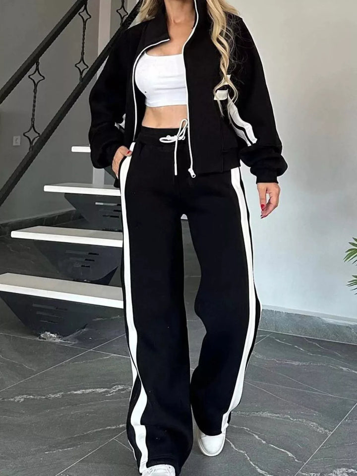 Black Full Size Contrast Stripe Zip Up Jacket and Pants Set Plus Size | Loungewear Sets Daverri Fashions