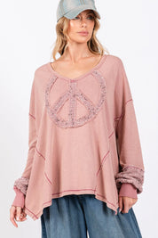 SAGE + FIG Peace Sign Mineral Wash Terry Top | Tops Daverri Fashions