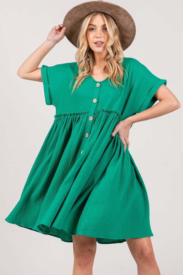 SAGE + FIG Full Size Button Up Short Sleeve Dress Knee Length Dresses