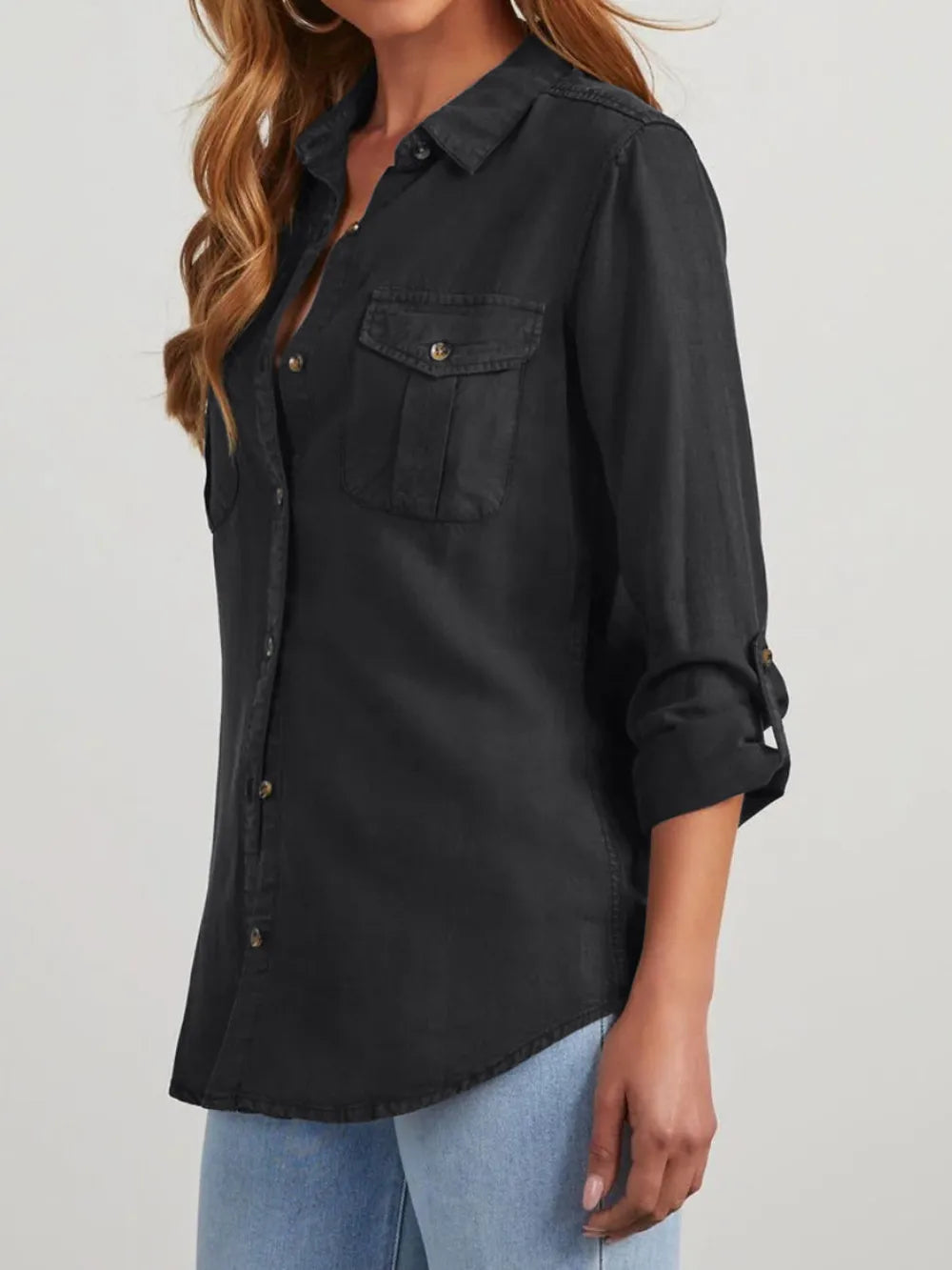 Collared Neck Roll-Tab Sleeve Denim Top | Shirts Daverri Fashions