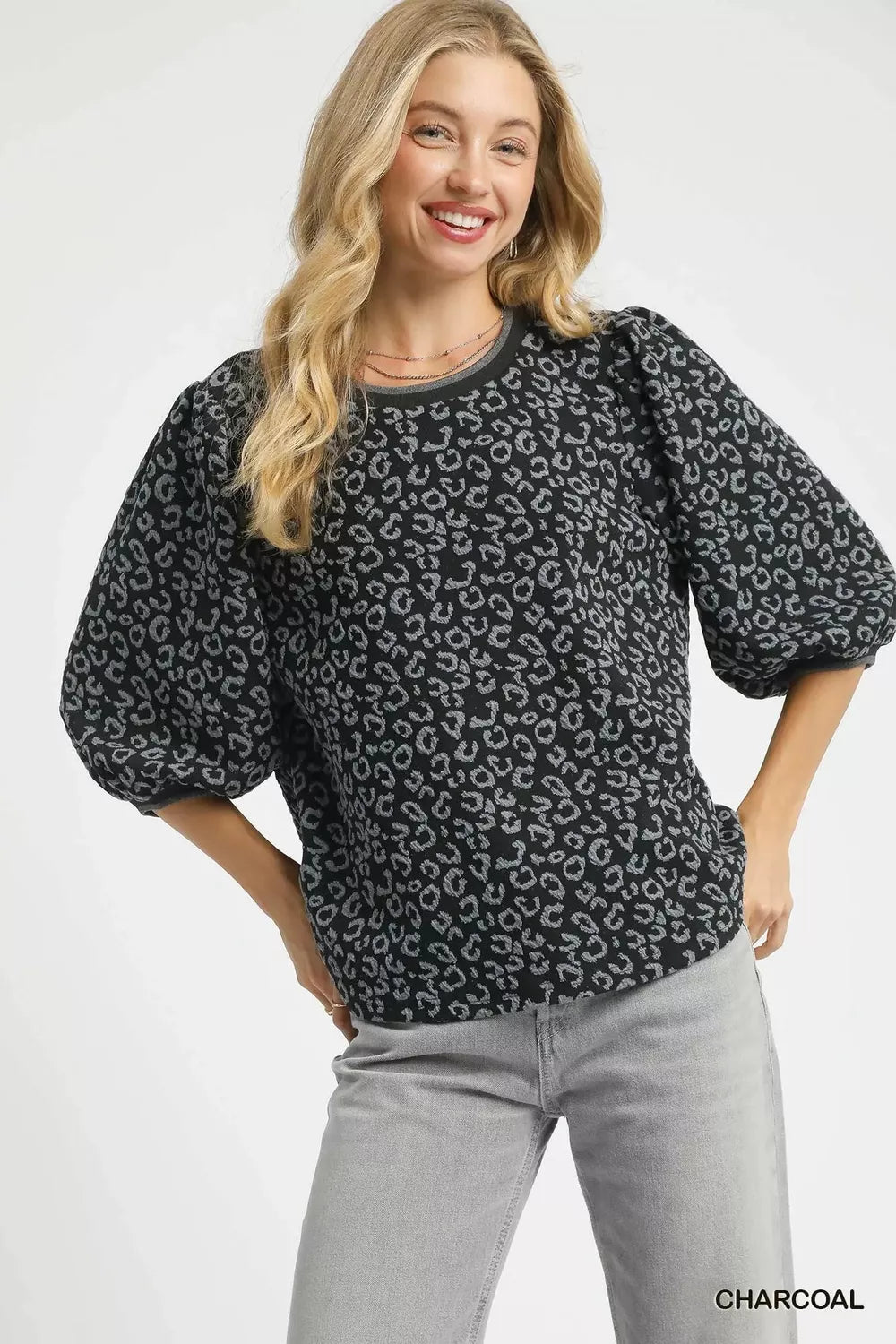 CHARCOAL Umgee Leopard Print Jacquard Blouse with Puff Sleeves | Blouses Daverri Fashions