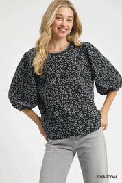 CHARCOAL Umgee Leopard Print Jacquard Blouse with Puff Sleeves | Blouses Daverri Fashions