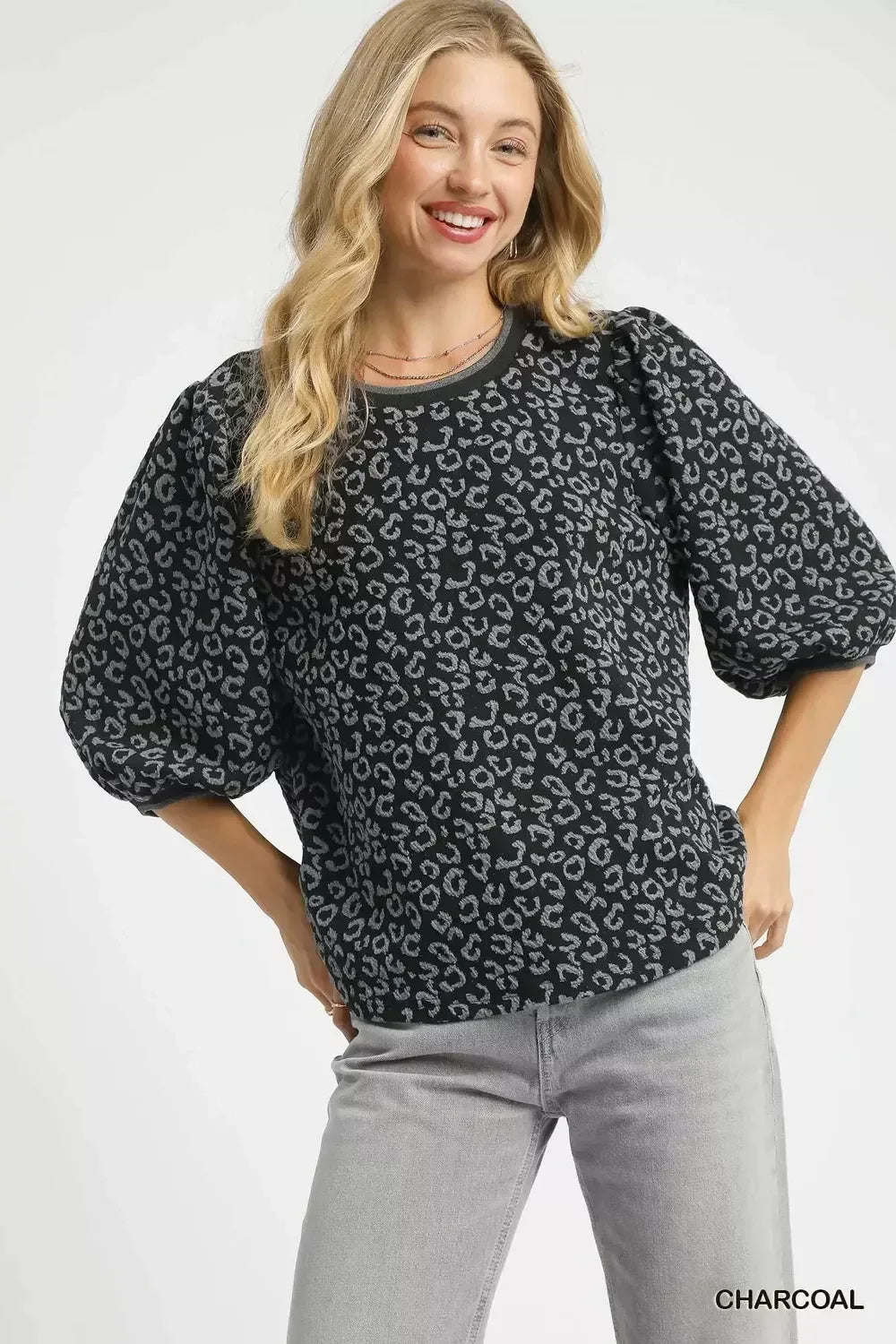 Umgee Leopard Print Jacquard Blouse with Puff Sleeves - DAVERRI FASHIONS