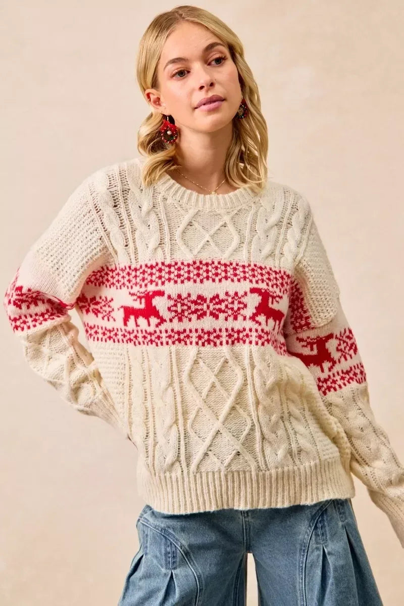 BiBi Christmas Theme Patterned Cable Knit Sweater - DAVERRI FASHIONS