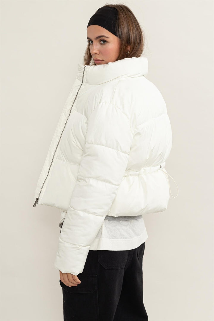 Quilted Back Drawstring Puffer Jacket Tops