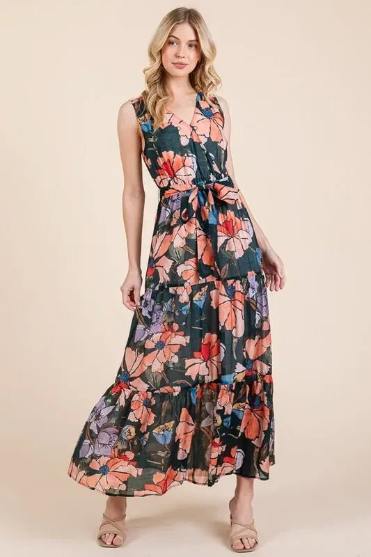 Lime 'N' Chili Floral Print Sleeveless Tie Waist Maxi Dress - DAVERRI FASHIONS