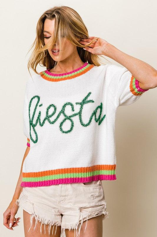 BiBi FIESTA Metallic Letter Short Puff Sleeve Sweater Sweaters
