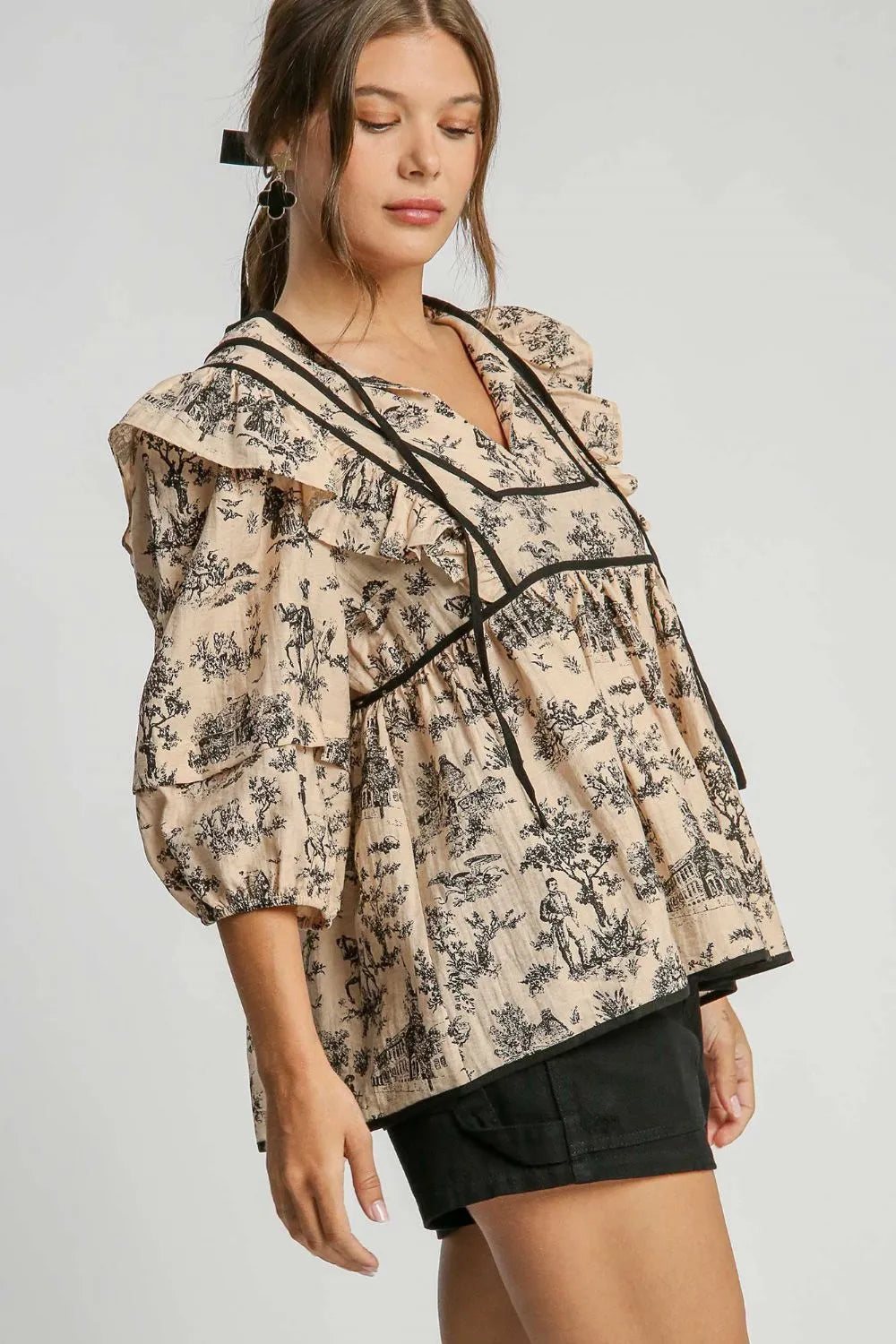 Umgee Ruffled Tie Neck Puff Sleeve Babydoll Blouse | Blouses Daverri Fashions