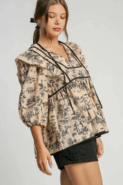 Umgee Ruffled Tie Neck Puff Sleeve Babydoll Blouse | Blouses Daverri Fashions