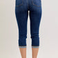 Judy Blue high waist dark blue denim capri jeans with rolled cuffs and brown leather patch