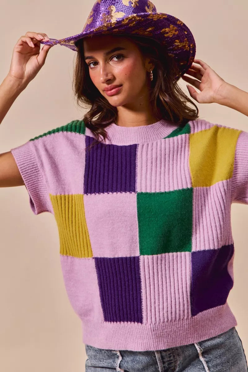 Vibrant SO ME Mardi Gras plaid sweater top in bold lavender, purple, green, yellow patchwork