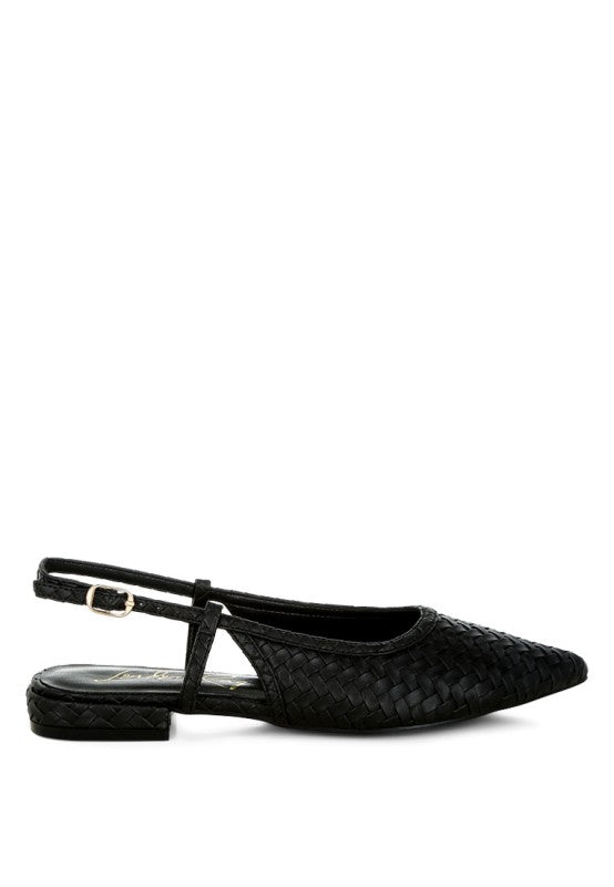 Black woven leather slingback flat shoe with pointed toe and low heel