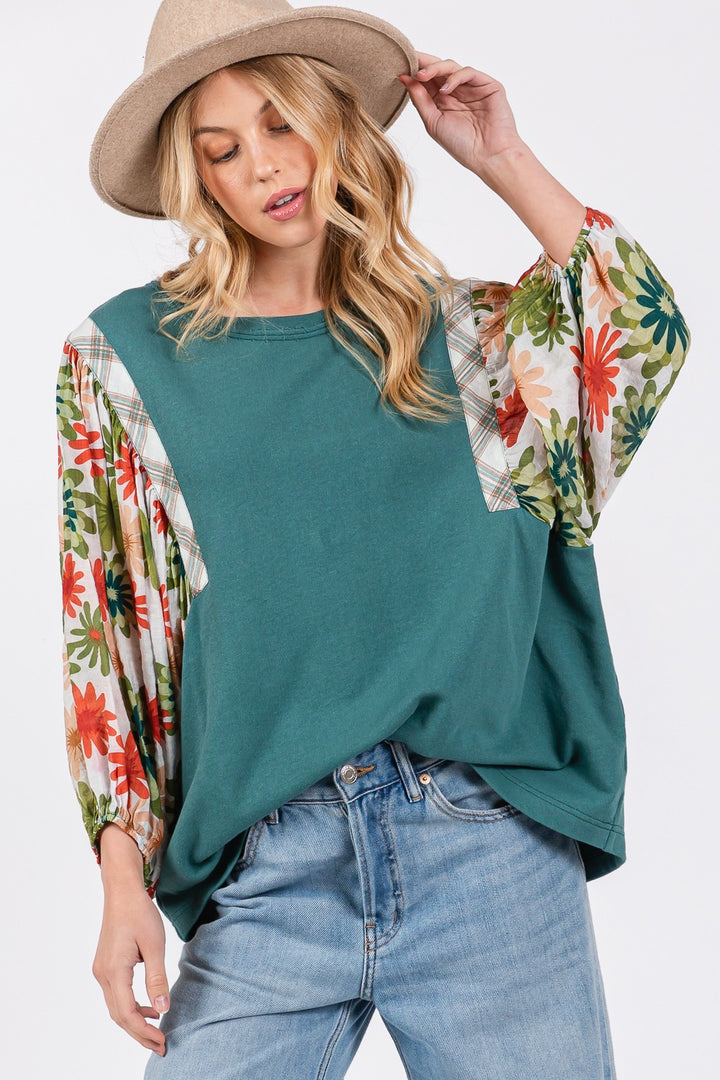 SAGE + FIG Full Size Printed Balloon Sleeve Contrast Top Teal