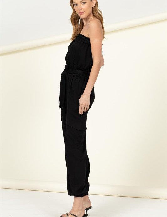 Flap Side Pockets Belted Tube Jumpsuit Jumpsuits