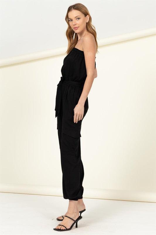 Flap Side Pockets Belted Tube Jumpsuit Jumpsuits