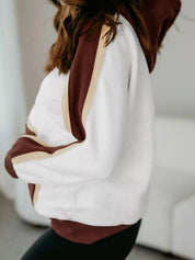White and brown striped Color Block Patchwork Hooded Sweatshirt with black leggings
