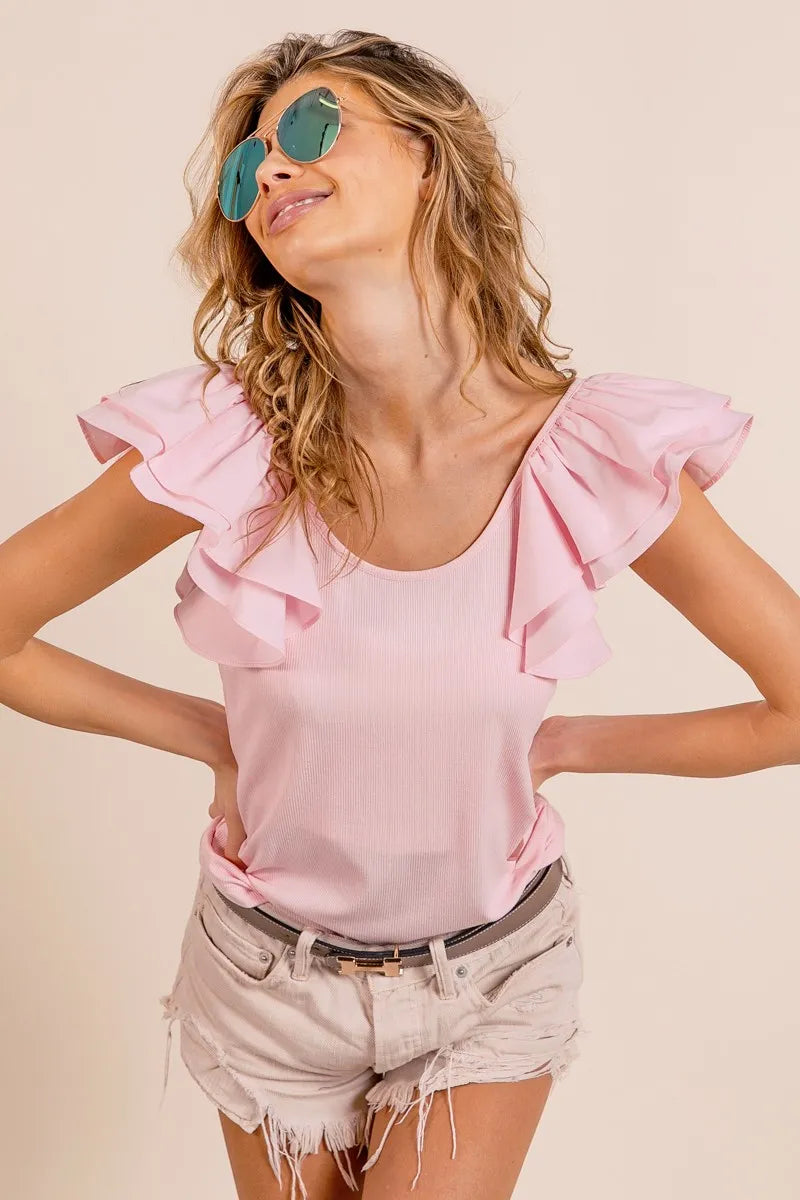 BiBi Wide Layered Ruffle Sleeve Scoop Neck Ribbed Top Tops