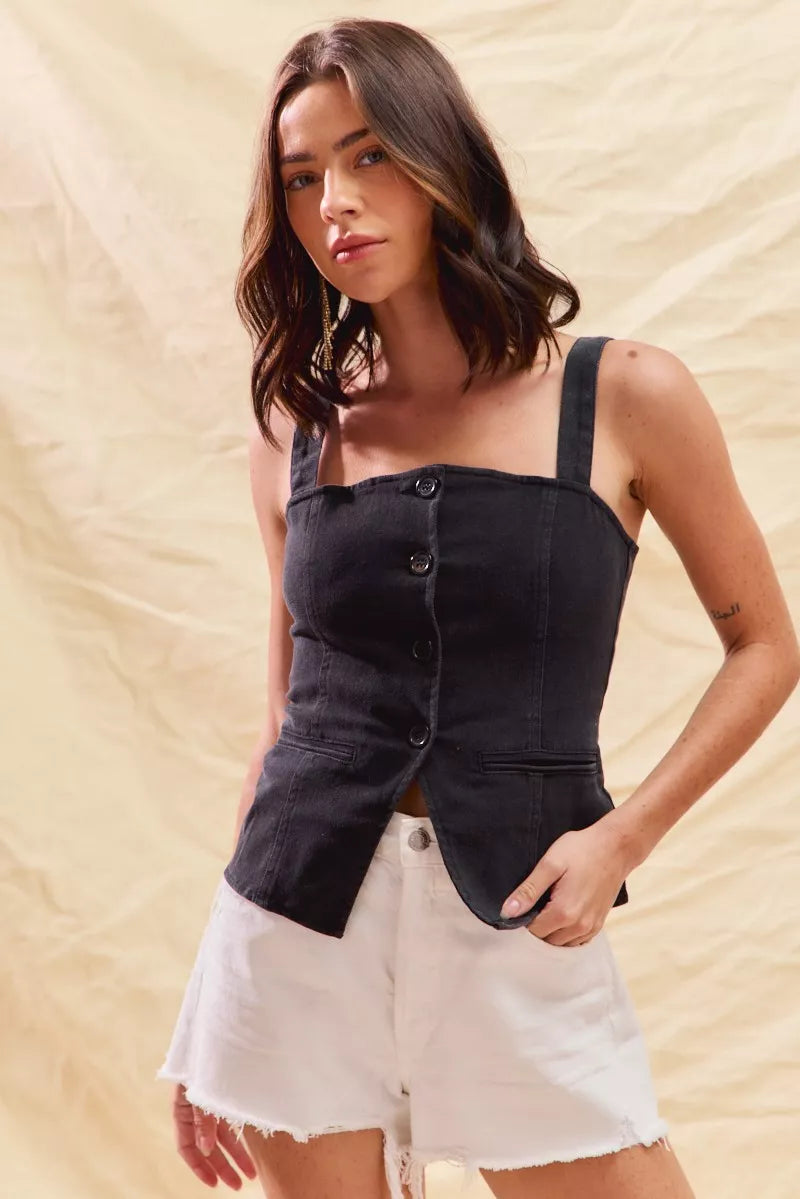 SO ME Button Down Sleeveless Game Day Fitted Denim Top | Daverri Fashions