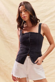 SO ME Button Down Sleeveless Game Day Fitted Denim Top | Daverri Fashions