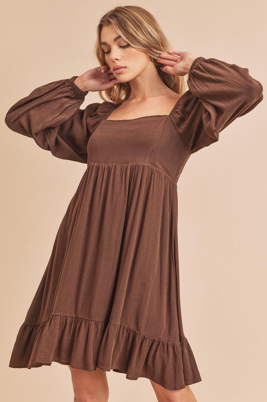 Aemi + Co Ruffled Hem Square Neck Balloon Sleeve Mini Dress Dark Brown