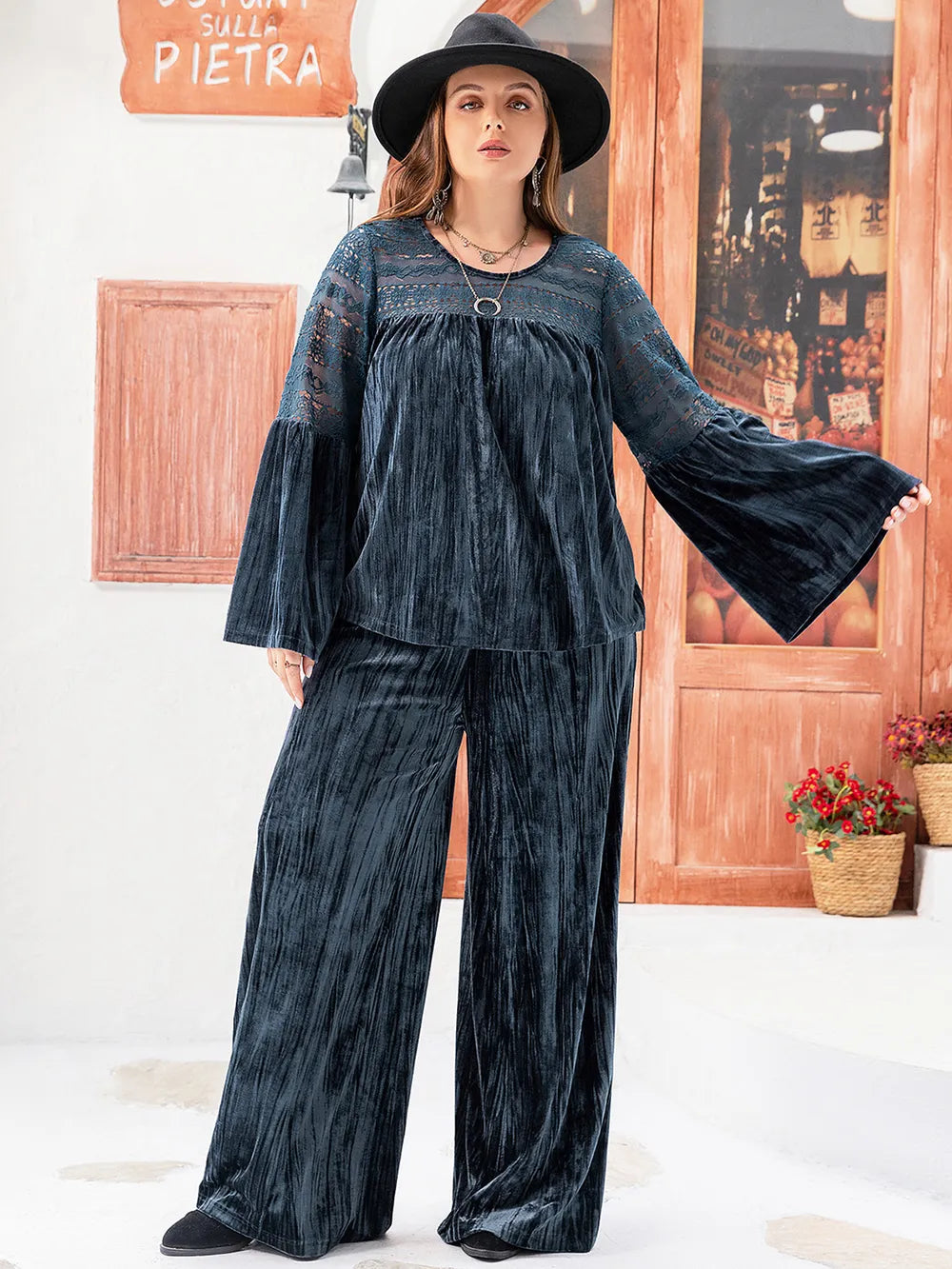 Plus Size Round Neck Flare Sleeve Top and Pants Set | Outfit Sets Daverri Fashions