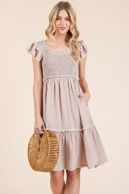 Lime 'N' Chili Ruffle Trim Smocked Dress with Contrast - DAVERRI FASHIONS