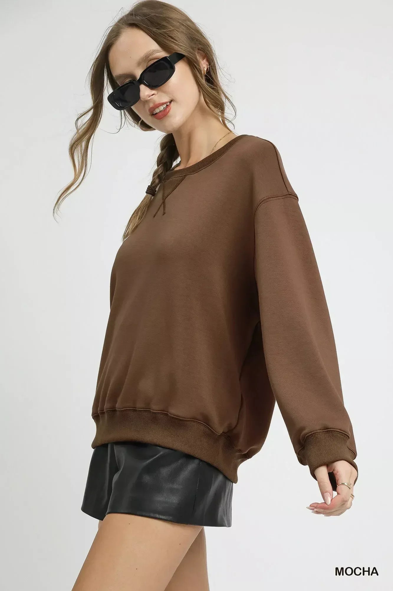 Umgee Round Neck Long Sleeve Fleece Sweatshirt - DAVERRI FASHIONS