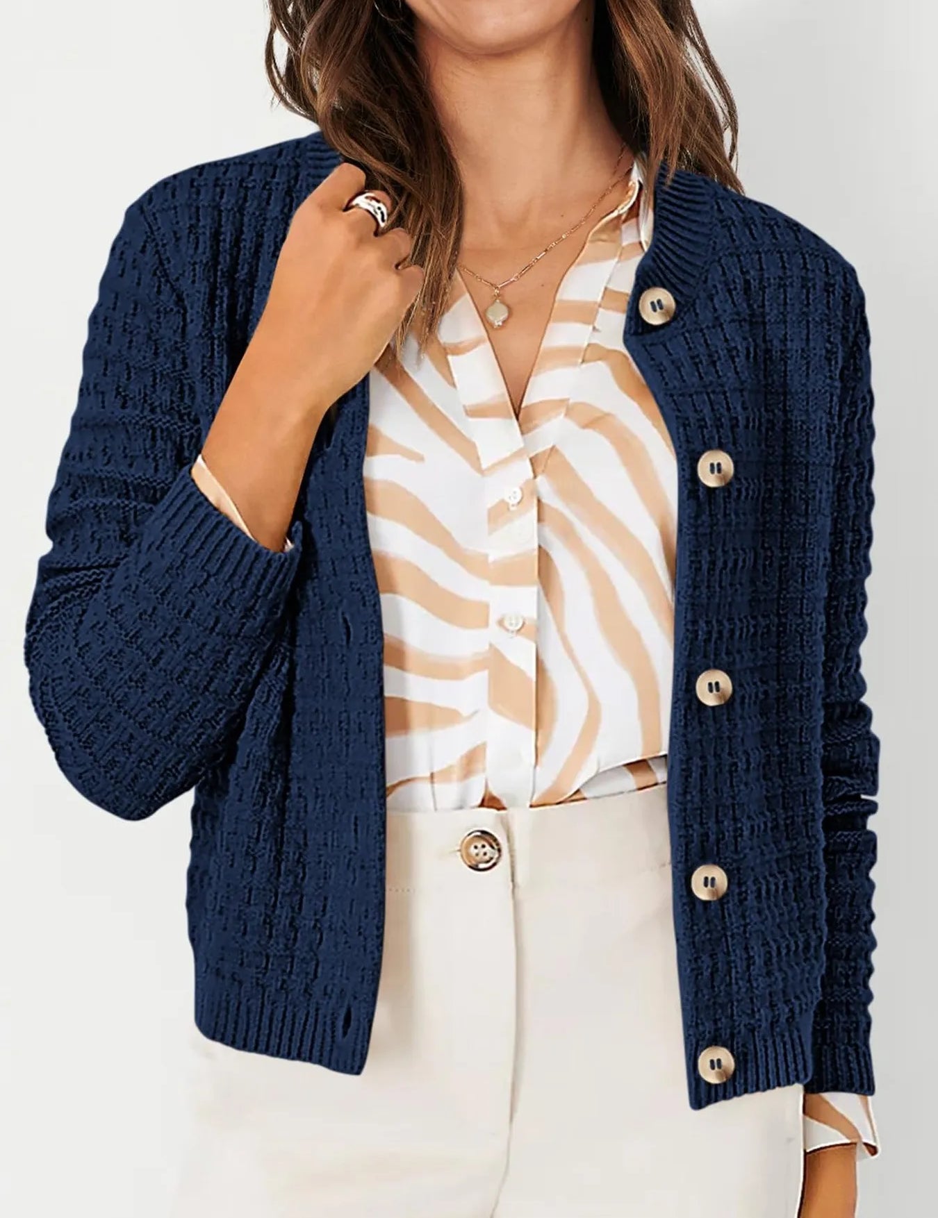 Navy Blue Textured Knit Button-Front Cardigan | Cardigans Daverri Fashions
