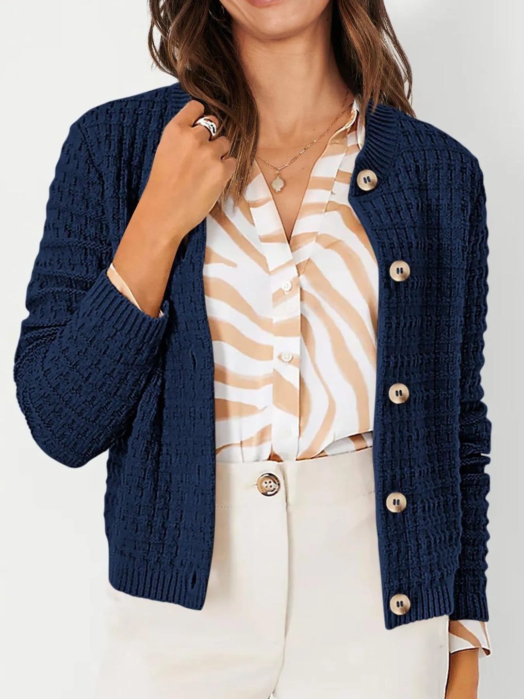 Navy Blue Textured Knit Button-Front Cardigan | Cardigans Daverri Fashions